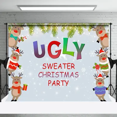 Blue Snowy Elk Ugly Sweater Christmas Party Backdrop - Aperturee