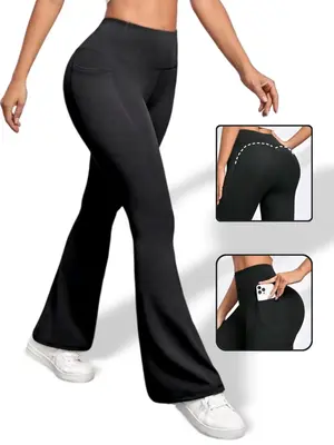 Women's Plain High Waist Flare Leg Sports Pants, Casual Sporty Comfy Pocket Design Bell Bottom Trousers for Yoga Gym Workout ...