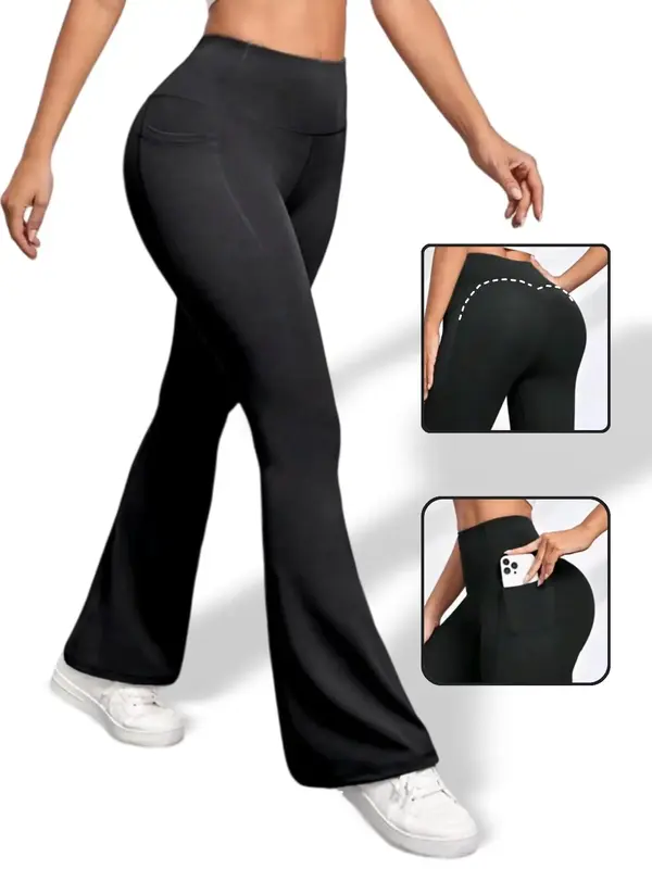 Women's Plain High Waist Flare Leg Sports Pants, Casual Sporty Comfy Pocket Design Bell Bottom Trousers for Yoga Gym Workout ...