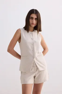Cotton Tweed Vest Jacket in Cream | Color: Chestnut Twist | Size: 3XL