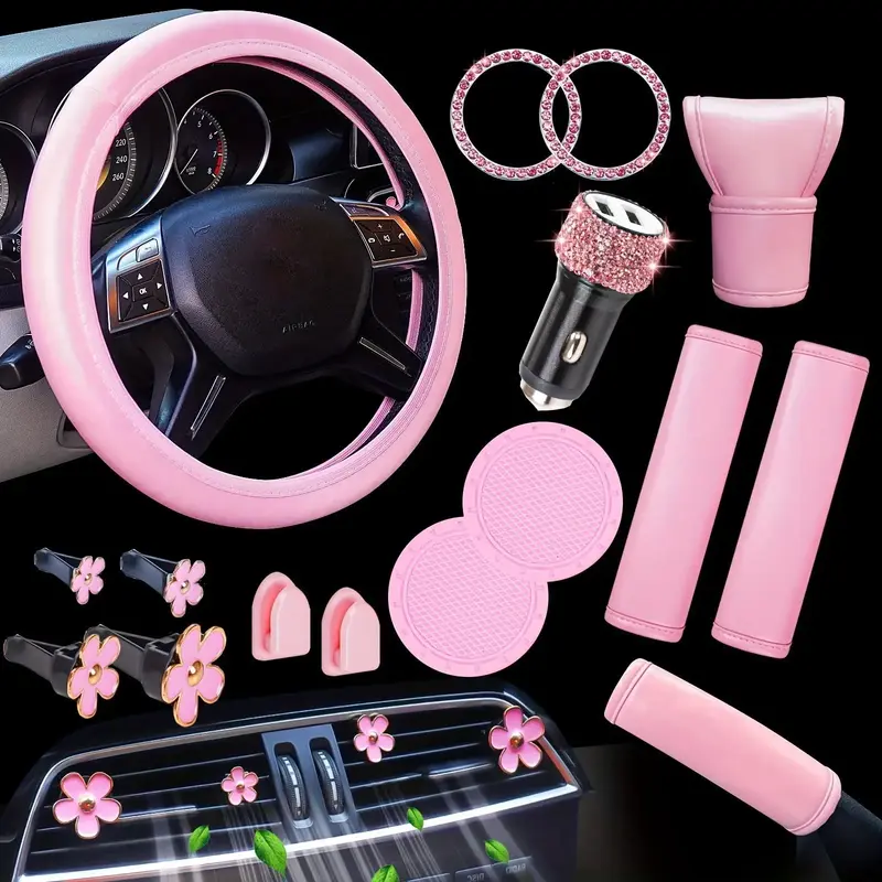 Car Interior Decoration Kit, Non-slip Steering Wheel Cover, Rhinestone Glitter Car Charger, Coaster, Mini Hook for Car