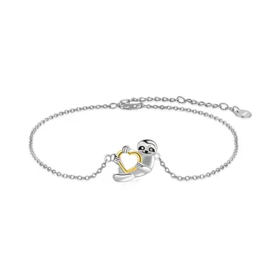 Sterling Silver Two-tone Sloth & Heart Charm Bracelet