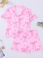 Girl's Cartoon Bow Print Top & Elastic Waist Shorts Pyjama Two-piece Set, Cute Comfy Short Sleeve Top & Shorts Set, Kids Slee...
