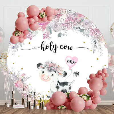 Purple Cute Holy Cow Round 1st Birthday Backdrop - Aperturee