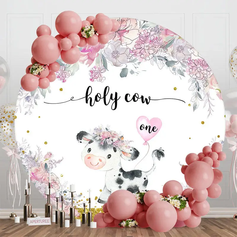Purple Cute Holy Cow Round 1st Birthday Backdrop - Aperturee