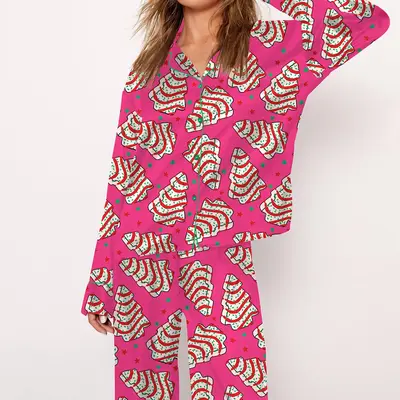 Christmas Tree Cakes Pajama Set For Women Print Comfy Satin Sleepwear & Loungewear Pjs Short Sleeve Top & Bottoms Shorts With...