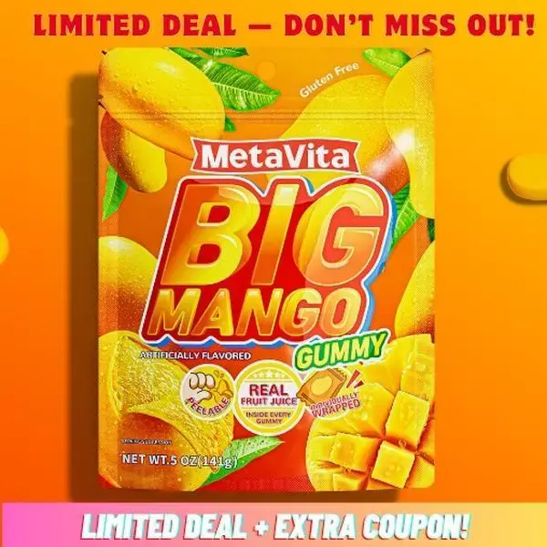 MetaVita Big Mango / Big Peach Gummy - 20 Large Pieces 141g, Juicy & Chewy, Real Mango Taste, Resealable Pack, Gluten Free, S...