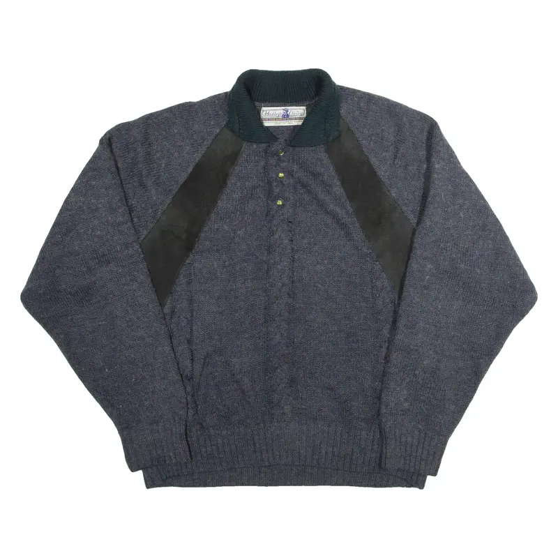 HADLEY'S CLASSIC Mens Jumper Blue Button Neck Cable Knit 2XL