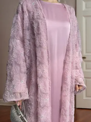 Women's Elegant Mesh Floral Beaded abaya Set, Includes Matching Dress, Perfect for Spring & Fall Fashion, Msl881 Collection