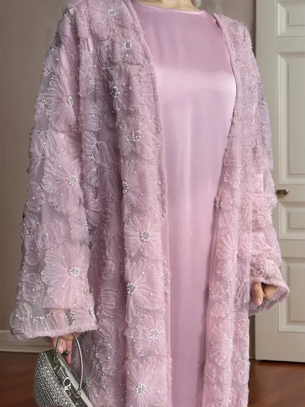 Women's Elegant Mesh Floral Beaded abaya Set, Includes Matching Dress, Perfect for Spring & Fall Fashion, Msl881 Collection