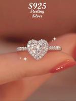 S925 Sterling Silver Ring for Women, Sweet Style Rhinestone Decorated Heart Shaped Ring, Fashion Casual Trendy Exquisite Jewe...