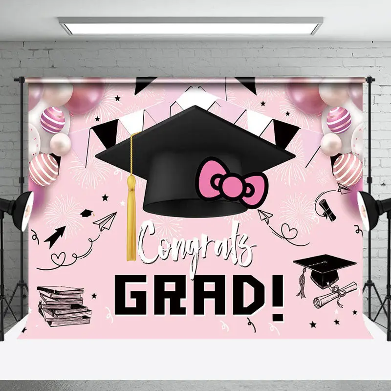 Bachelors Cap Balloon Flag Pink Graduation Backdrop - Aperturee