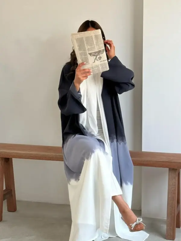 Women's Colorblock Kimono Sleeve Satin Abaya Without Inner Dress & Scarf, National Day Clothing, Casual Long Sleeve Open Fro...