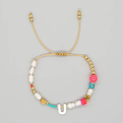 Initial Letter Natural Pearl Braided Bead Bracelet