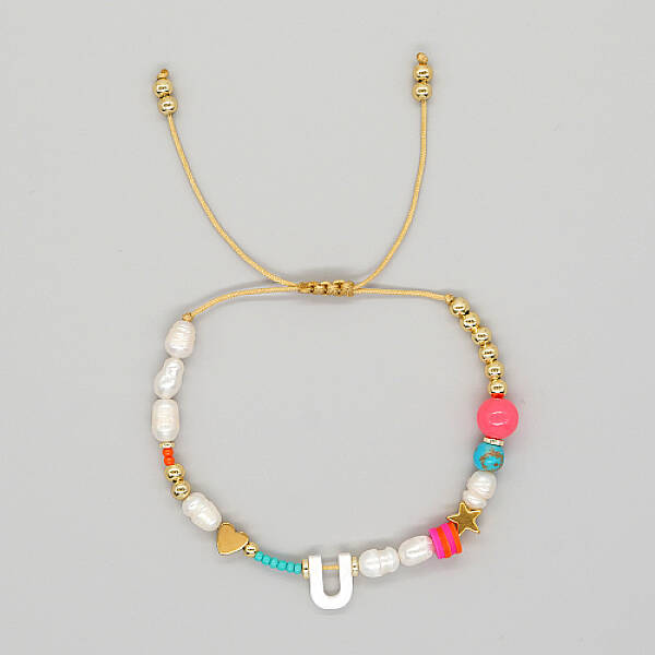 Initial Letter Natural Pearl Braided Bead Bracelet