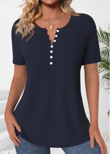 Modlily Navy Button Short Sleeve Round Neck T Shirt - XXL