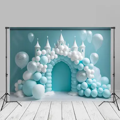 White Blue Balloon Castle Birthday Cake Smash Backdrop - Aperturee