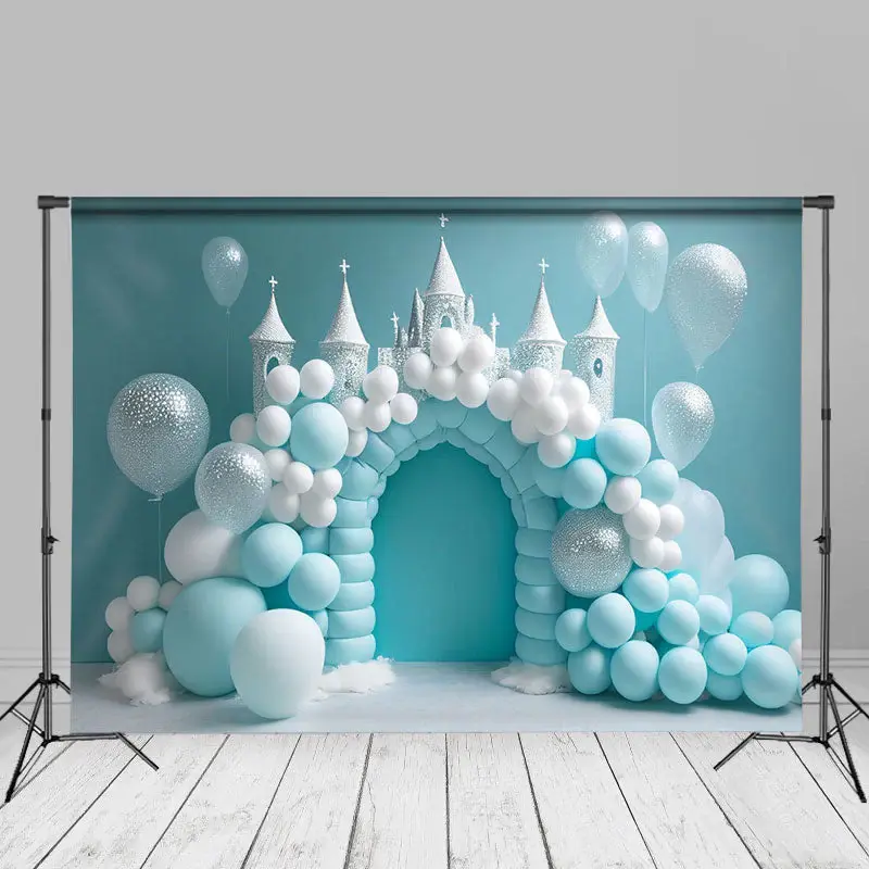 White Blue Balloon Castle Birthday Cake Smash Backdrop - Aperturee