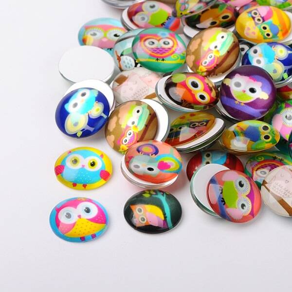 Cartoon Owl Printed Glass Half Round/Dome Cabochons