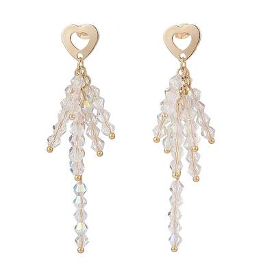 Clear Glass Beaded Tassel Dangle Stud Earrings