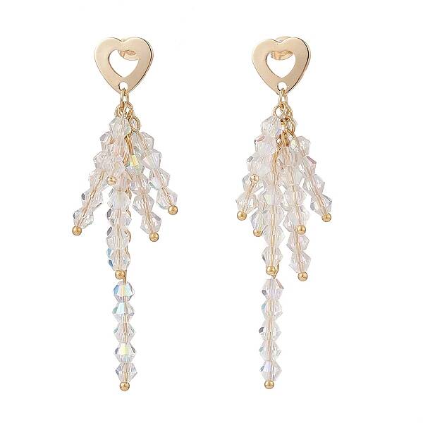 Clear Glass Beaded Tassel Dangle Stud Earrings