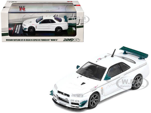 Nissan Skyline GT-R (R34) V-SPEC N1 RHD (Right Hand Drive) Tuned by Mines White 1/64 Diecast Model Car by Inno Models