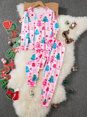 Girls' Christmas Party Snowman Print Pajama Set, 2 Piece Long Sleeve Round Neck Sleepwear, Fall Home Wear, Cute Holiday