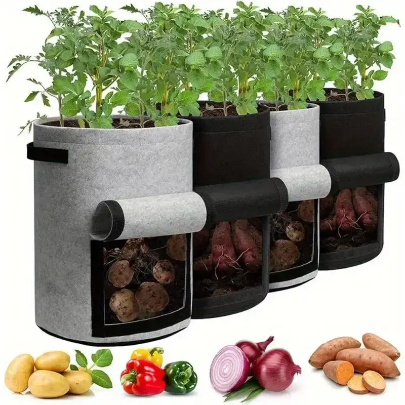Potato Grow Bag, 4 Counts/set Planting Bag with Harvest Window & Handle, Raised Garden Beds, Modern Planter Pots for Potatoes...