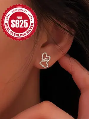S925 Sterling Silver Heart Design Stud Earrings, Hypoallergenic Minimalist Chic Earrings, Fashion Jewelry for Women