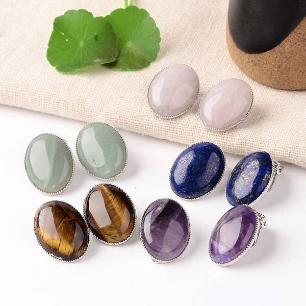 Natural Mixed Stone Oval Clip-on Earrings