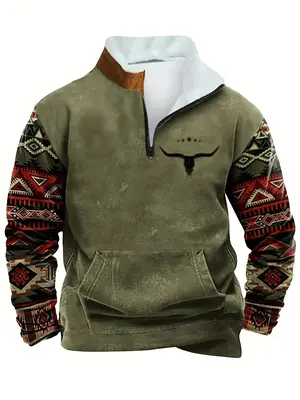 Men's Ethnic Pattern Zip Up Fleece Hoodie, Casual Regular Fit Long Sleeve Drop Shoulder Sweatshirt for Fall & Winter, Men's...