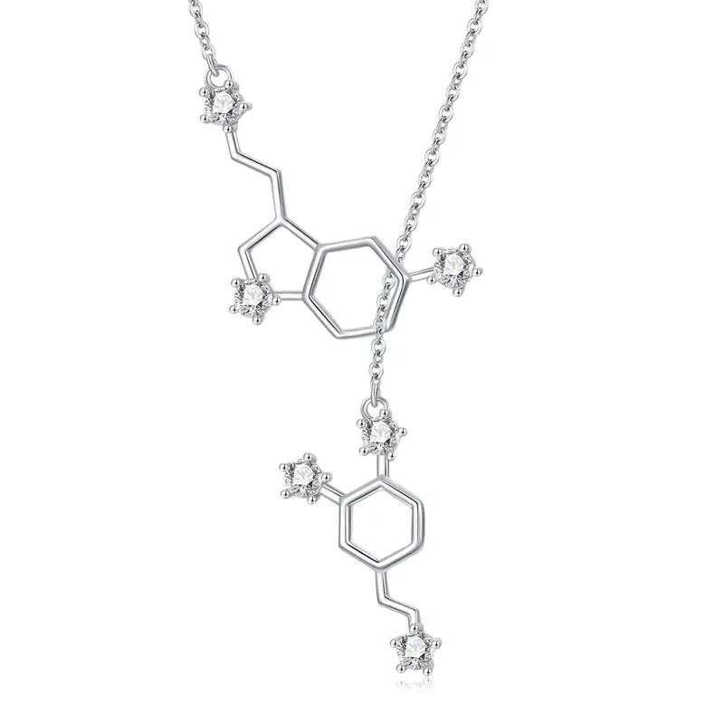 Sterling Silver Circular Shaped Cubic Zirconia Serotonin Molecule Adjustable Y Necklace