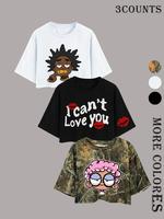 Women's Letter & Cartoon Print Round Neck Crop Tee, Casual Shortsleeve Crew Neck T-shirt for Daily Wear, Ladies Clothes for...