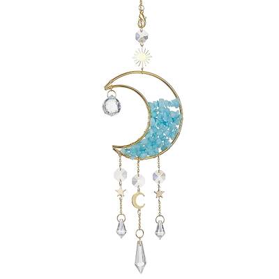 Wire Wrapped Natural White Jade Chip & Brass Moon Pendant Decorations