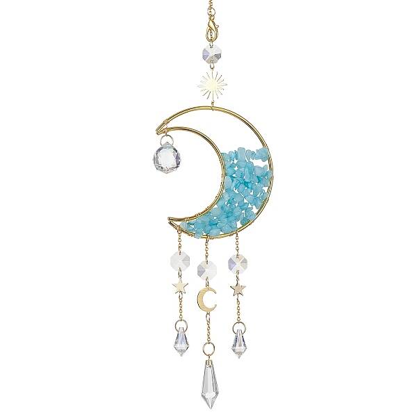 Wire Wrapped Natural White Jade Chip & Brass Moon Pendant Decorations