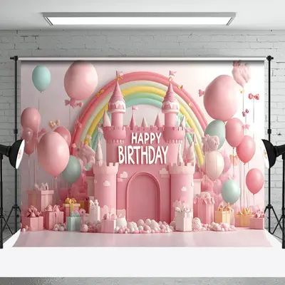 Aperturee Fairy Rainbow Pink Castle Gifts Cake Smash Backdrop, 3X2FT(1MX0.6M), 14 USD, birthday cake smash backdrops, NYHD1J3...