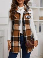 Women's Plaid Print Button Front Vest Coat, Casual Pocket Design Collared Waistcoat for Fall, Fall Outfits, Fashion Women's C...