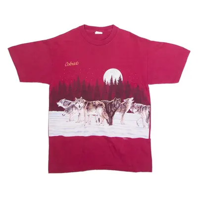 HABITAT Colorado Wolf Print Mens T-Shirt Red 90s USA Crew Neck M