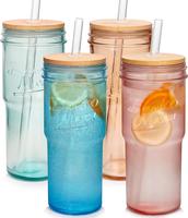 ANOTION  FathersDayGift 24oz Colored Glass Cups with Bamboo Lids and Straws -Travel Coffee Mug Wide Mouth Mason Jar Iced Coff...