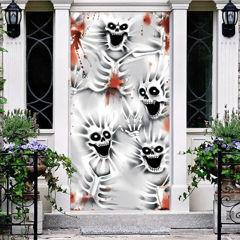 Scary White Screaming Skeleton Halloween Door Cover