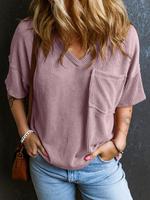 Women's Plain Textured Pocket V Neck Tee, Casual Drop Shoulder Half Sleeve T-Shirt for Summer, Ladies Clothes for Daily Wear,...