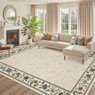 Garvee Area Rug 8x10 Washable Non Slip Floral Carpet Soft Low Pile Polyester TPR Backing Living Room Dining Office