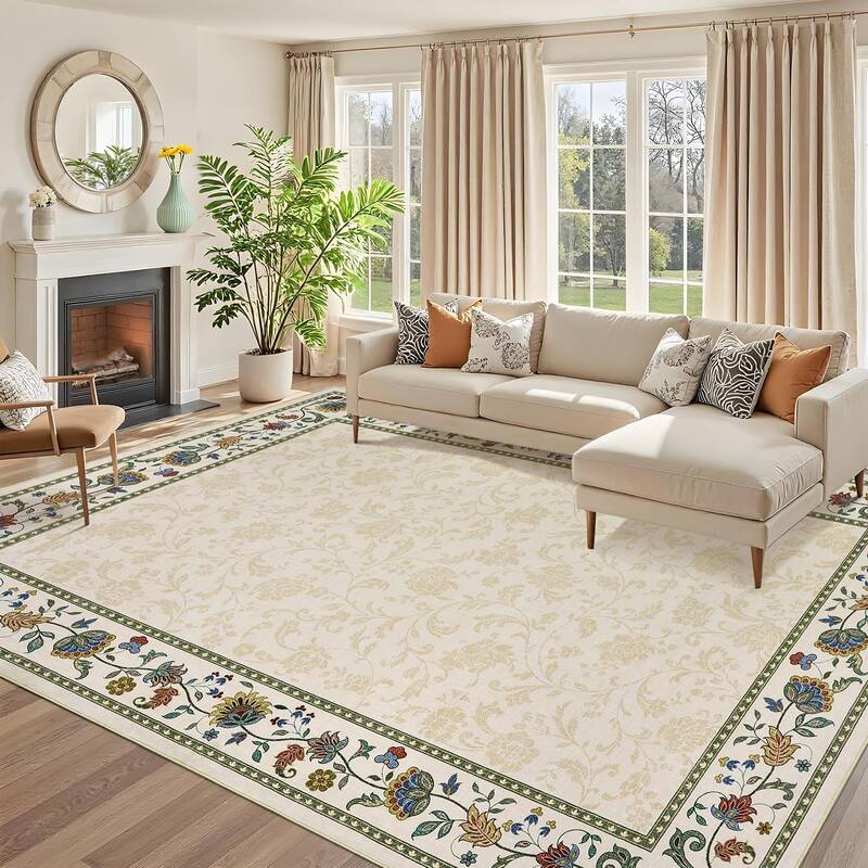 Garvee Area Rug 8x10 Washable Non Slip Floral Carpet Soft Low Pile Polyester TPR Backing Living Room Dining Office