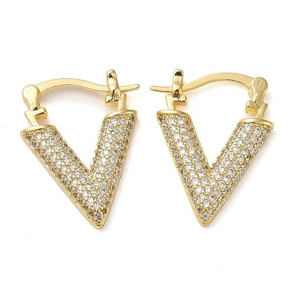 Triangle Brass Hoop Earrings with Clear Cubic Zirconia