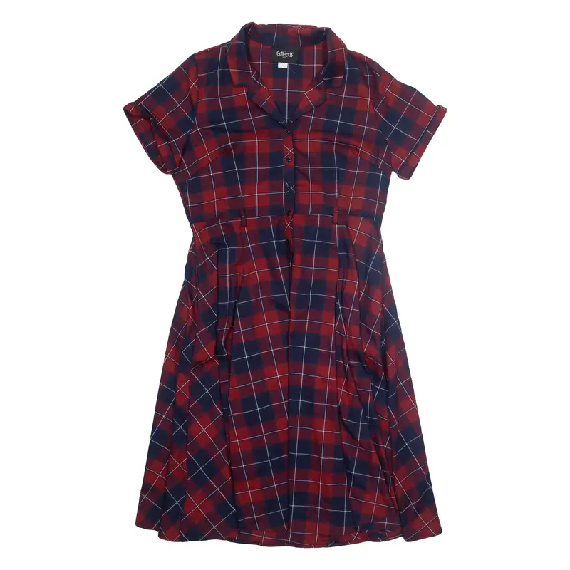 COLLECTIF ALINE Womens Shirt Dress Red Plaid Short Sleeve Midi XL
