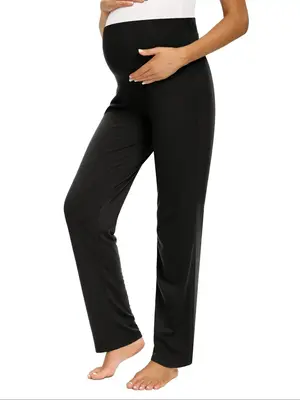 Maternity Solid Pocket Ruched Wide Leg Pants, Pregnancy Pants, Casual Comfy High Waist Trousers for Daily Outdoor Wear, Mater...