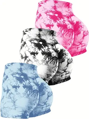 Women's 3pcs Tie Dye Print High Waist Sports Shorts, Casual Comfy Breathable Seamless High Stretch Yoga Leggings for Gym Work...