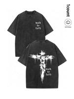 Unisex 100% Cotton Cross & Faith Over Fear Slogan Print Washed Distressed Short Sleeve Tee, Regular Fit Vintage Trendy Casual...