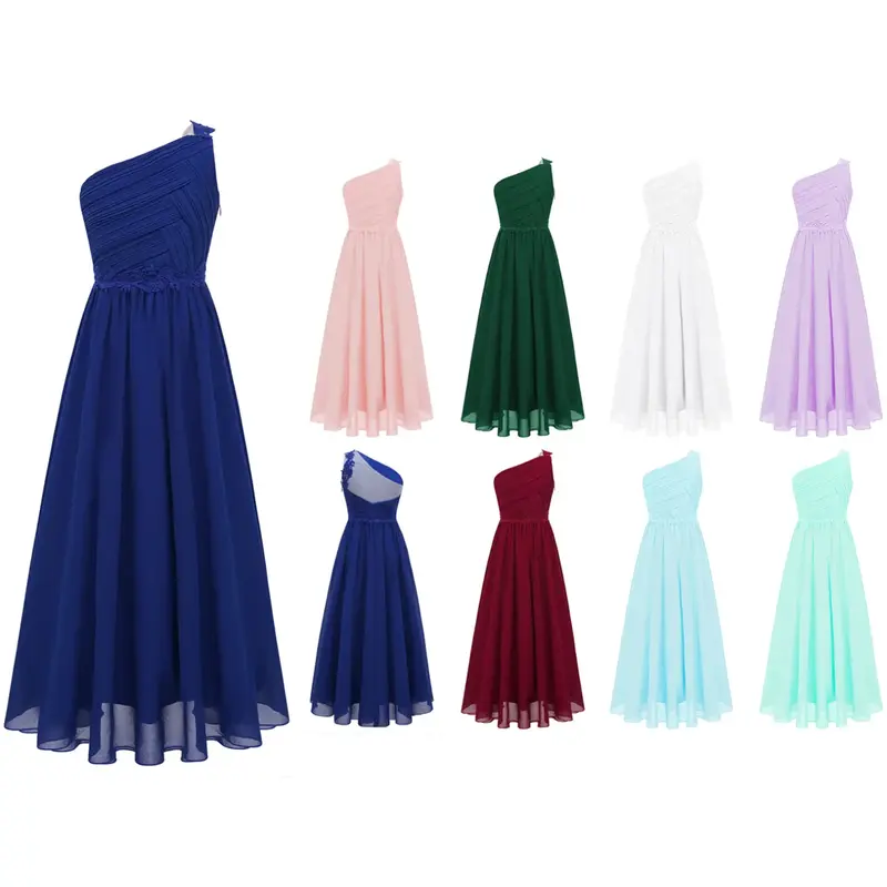 Girls One Shoulder Dress Guipure Lace Chiffon Sleeveless Flower Girls Dress Formal