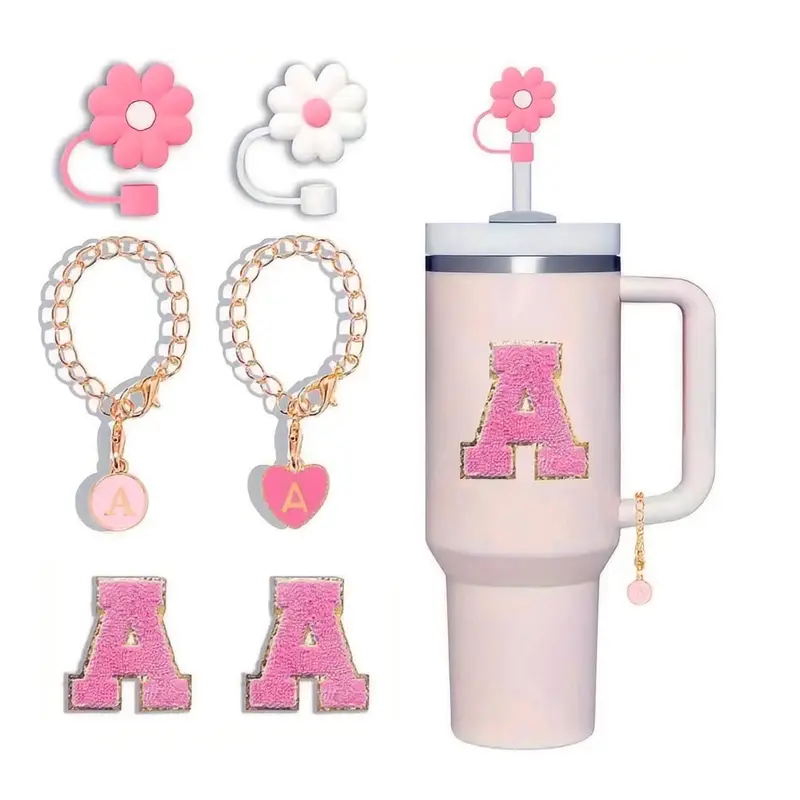 Personalized Charm Set for Tumbler Cups Accessories 30&40 Oz (No cups), Including 2 Straw Cover, 2 Initial Letter Charm & 2 C...
